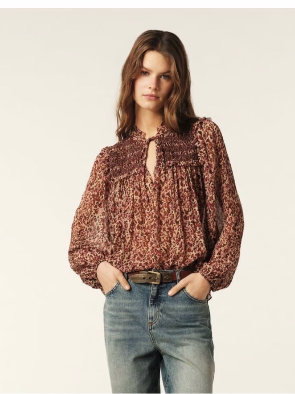 ba&sh Rust and Pink Animal-Print Smocked Yoke Blouse